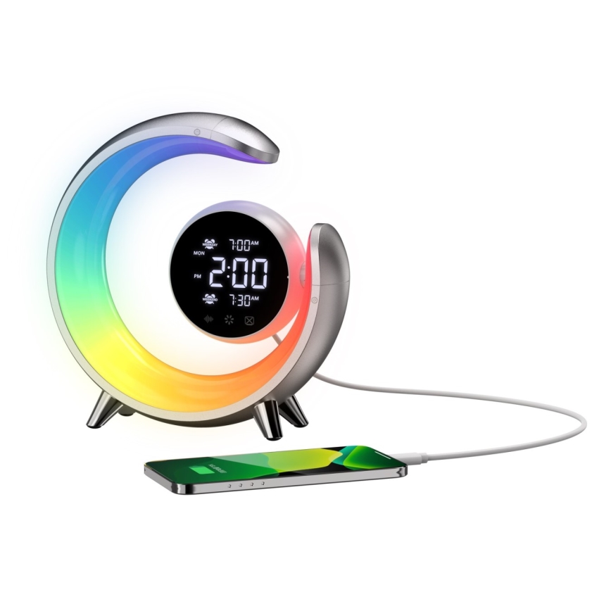 LED RGBW Aptumšojama galda lampa ar modinātāja pulksteni LED/20W/5V USB sudraba
