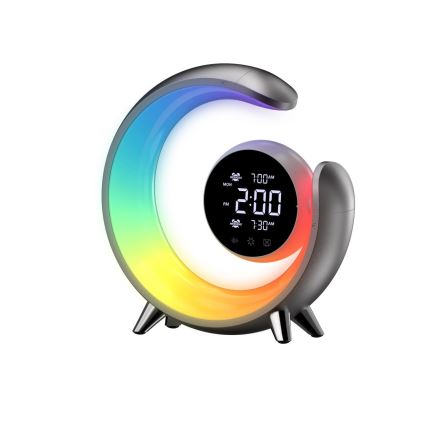 LED RGBW Aptumšojama galda lampa ar modinātāja pulksteni LED/20W/5V USB sudraba