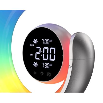 LED RGBW Aptumšojama galda lampa ar modinātāja pulksteni LED/20W/5V USB sudraba