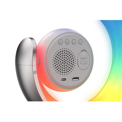 LED RGBW Aptumšojama galda lampa ar modinātāja pulksteni LED/20W/5V USB sudraba