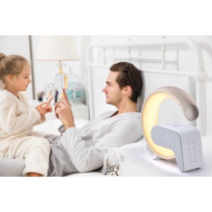LED RGB Aptumšojama galda lampa ar modinātāja pulkstenis un Qi lādētāju 30W/230V zelta