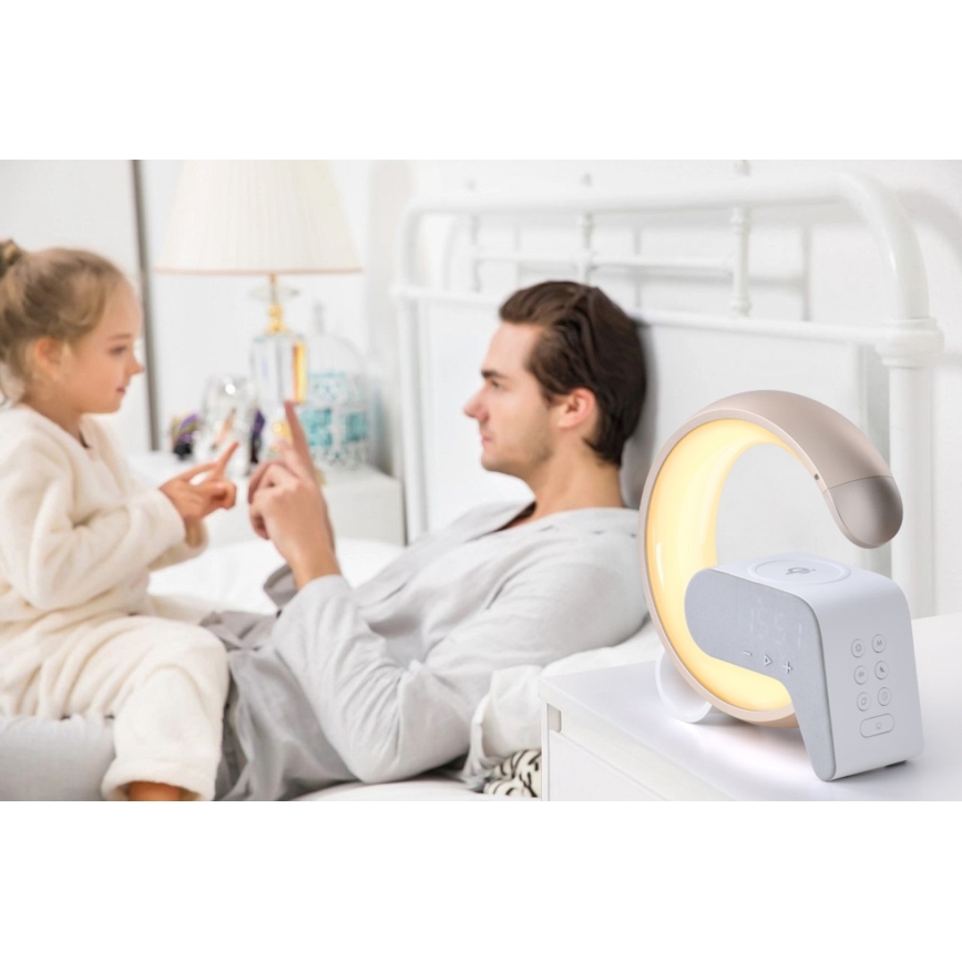 LED RGB Aptumšojama galda lampa ar modinātāja pulkstenis un Qi lādētāju 30W/230V zelta