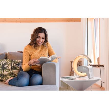 LED RGB Aptumšojama galda lampa ar modinātāja pulkstenis un Qi lādētāju 30W/230V zelta