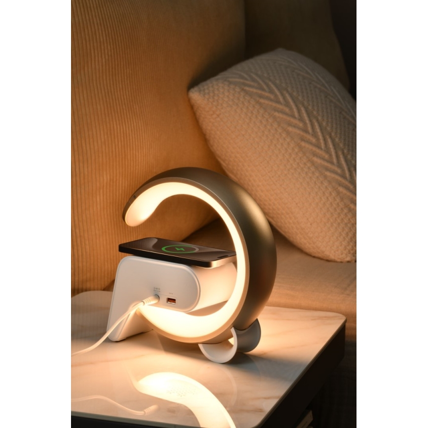 LED RGB Aptumšojama galda lampa ar modinātāja pulkstenis un Qi lādētāju 30W/230V zelta