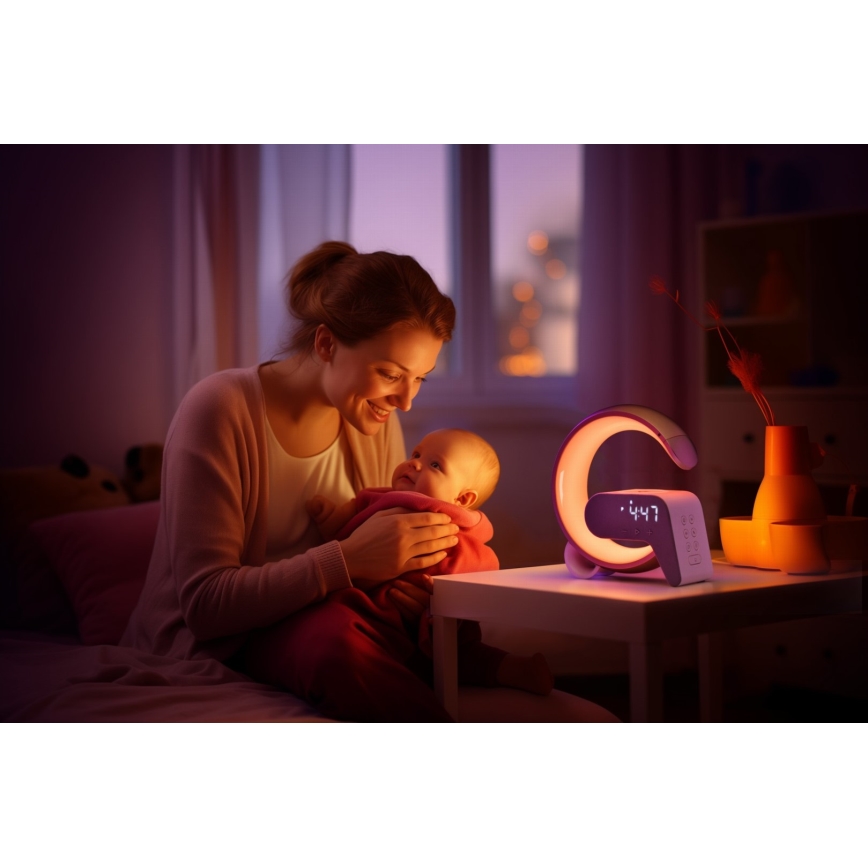 LED RGB Aptumšojama galda lampa ar modinātāja pulkstenis un Qi lādētāju 30W/230V zelta