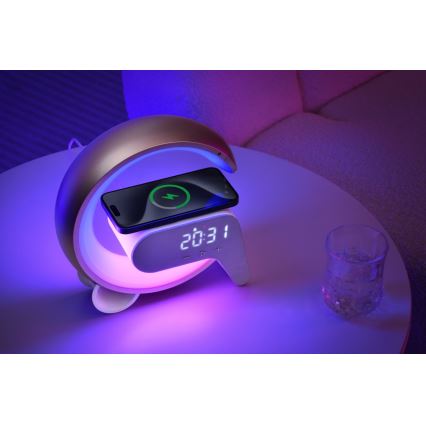 LED RGB Aptumšojama galda lampa ar modinātāja pulkstenis un Qi lādētāju 30W/230V zelta