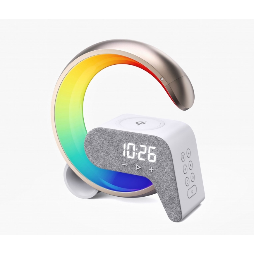 LED RGB Aptumšojama galda lampa ar modinātāja pulkstenis un Qi lādētāju 30W/230V zelta