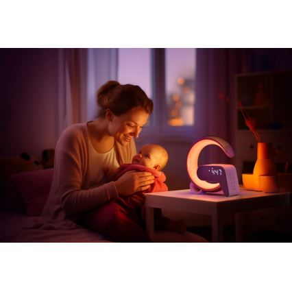 LED RGB Aptumšojama galda lampa ar modinātāja pulkstenis un Qi lādētāju 30W/230V sudraba