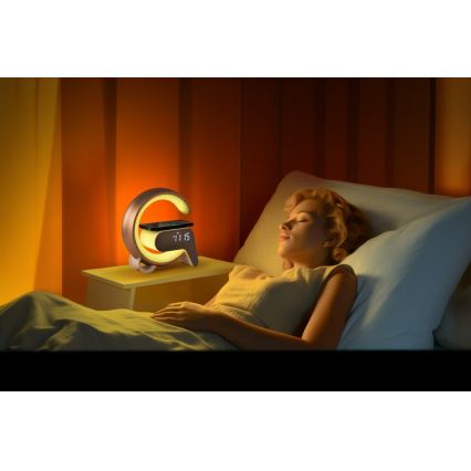 LED RGB Aptumšojama galda lampa ar modinātāja pulkstenis un Qi lādētāju 30W/230V sudraba