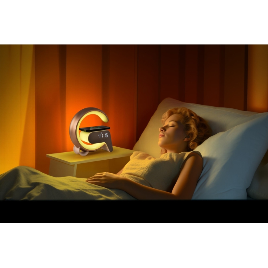 LED RGB Aptumšojama galda lampa ar modinātāja pulkstenis un Qi lādētāju 30W/230V sudraba