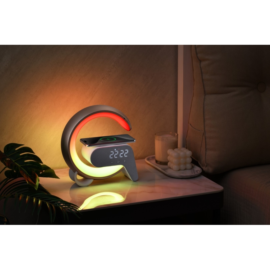 LED RGB Aptumšojama galda lampa ar modinātāja pulkstenis un Qi lādētāju 30W/230V sudraba