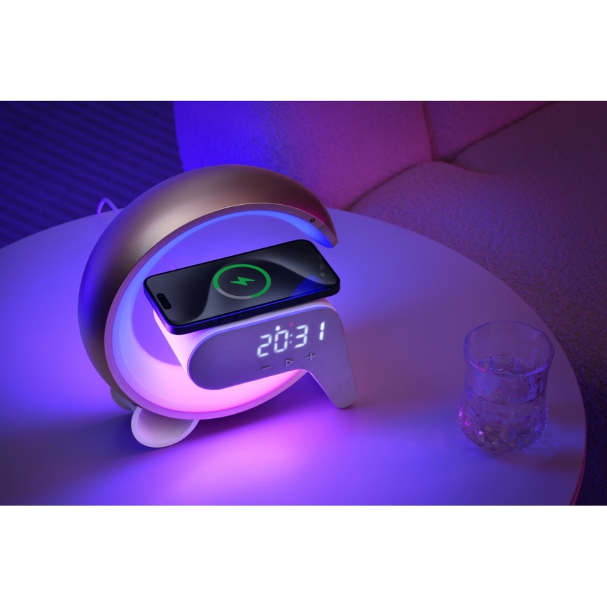 LED RGB Aptumšojama galda lampa ar modinātāja pulkstenis un Qi lādētāju 30W/230V sudraba