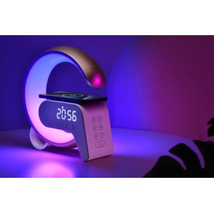 LED RGB Aptumšojama galda lampa ar modinātāja pulkstenis un Qi lādētāju 30W/230V sudraba