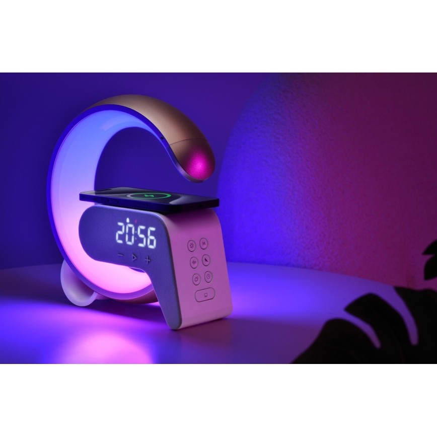 LED RGB Aptumšojama galda lampa ar modinātāja pulkstenis un Qi lādētāju 30W/230V sudraba