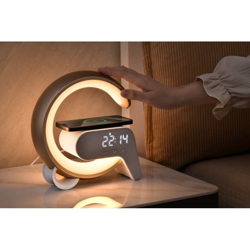 LED RGB Aptumšojama galda lampa ar modinātāja pulkstenis un Qi lādētāju 30W/230V sudraba