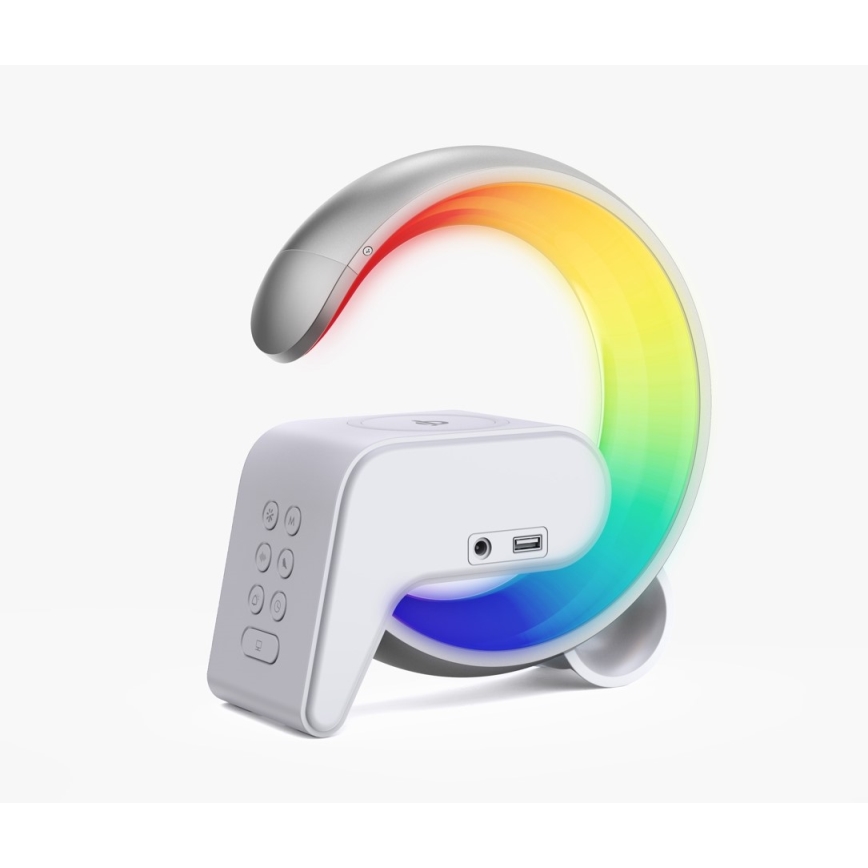 LED RGB Aptumšojama galda lampa ar modinātāja pulkstenis un Qi lādētāju 30W/230V sudraba