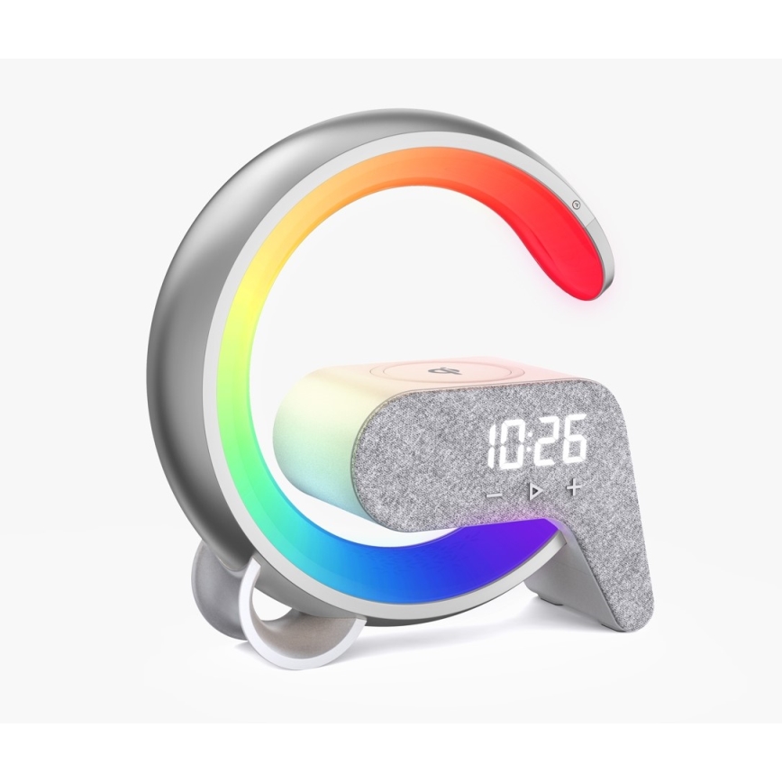 LED RGB Aptumšojama galda lampa ar modinātāja pulkstenis un Qi lādētāju 30W/230V sudraba