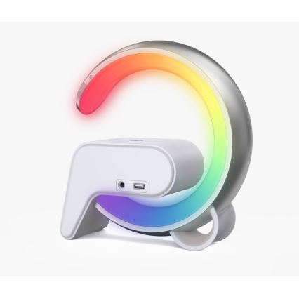 LED RGB Aptumšojama galda lampa ar modinātāja pulkstenis un Qi lādētāju 30W/230V sudraba