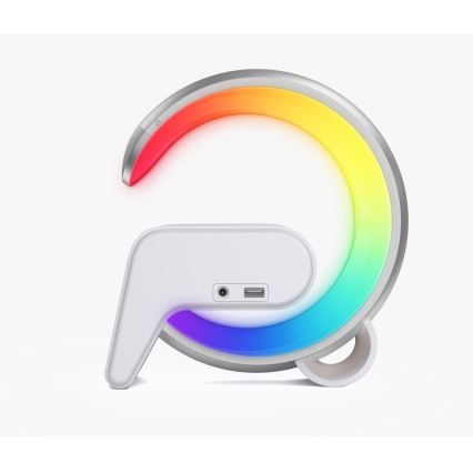 LED RGB Aptumšojama galda lampa ar modinātāja pulkstenis un Qi lādētāju 30W/230V sudraba