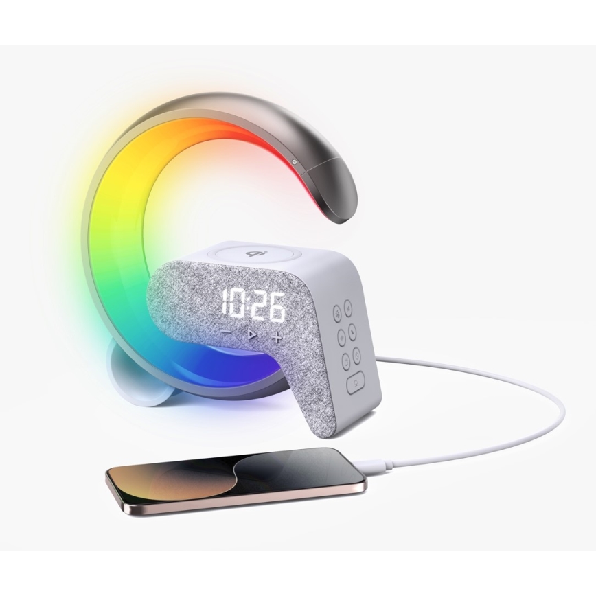 LED RGB Aptumšojama galda lampa ar modinātāja pulkstenis un Qi lādētāju 30W/230V sudraba