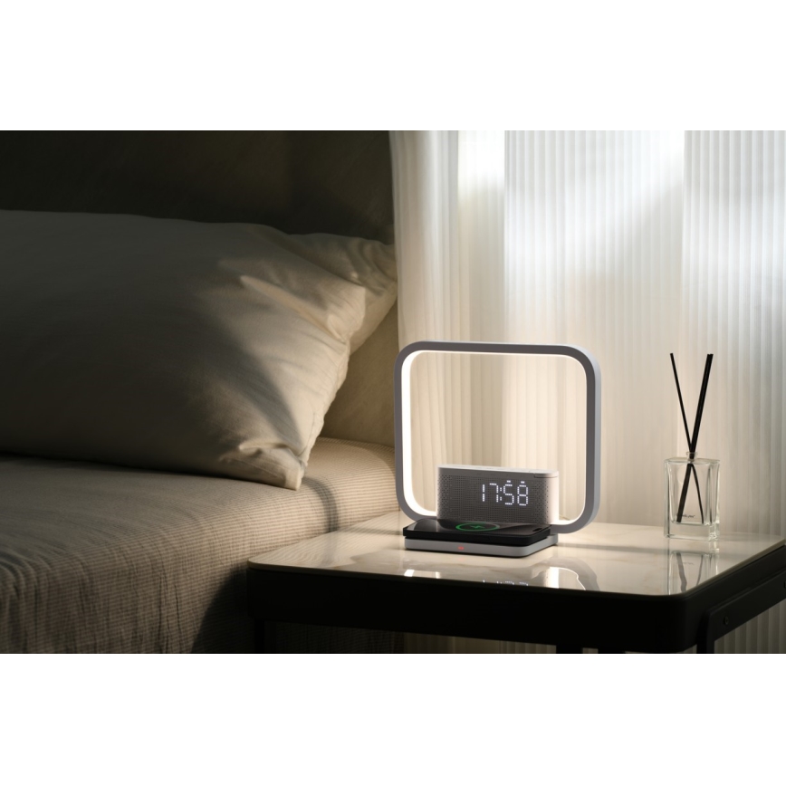 LED Aptumšojama galda lampa ar modinātāja pulkstenis un Qi lādētāju LED/18W/230V balta