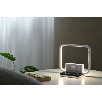 LED Aptumšojama galda lampa ar modinātāja pulkstenis un Qi lādētāju LED/18W/230V balta