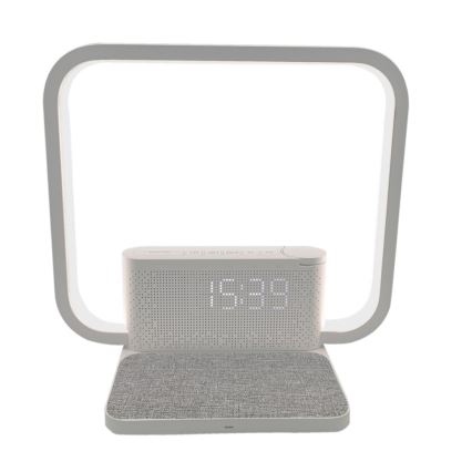LED Aptumšojama galda lampa ar modinātāja pulkstenis un Qi lādētāju LED/18W/230V balta
