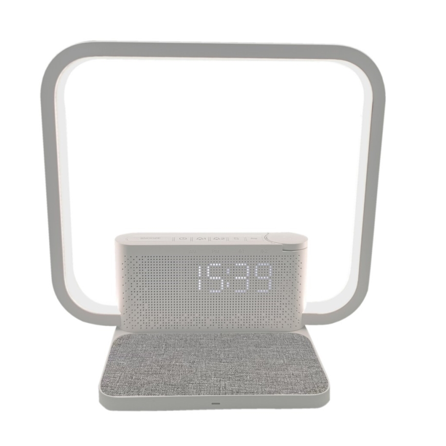 LED Aptumšojama galda lampa ar modinātāja pulkstenis un Qi lādētāju LED/18W/230V balta