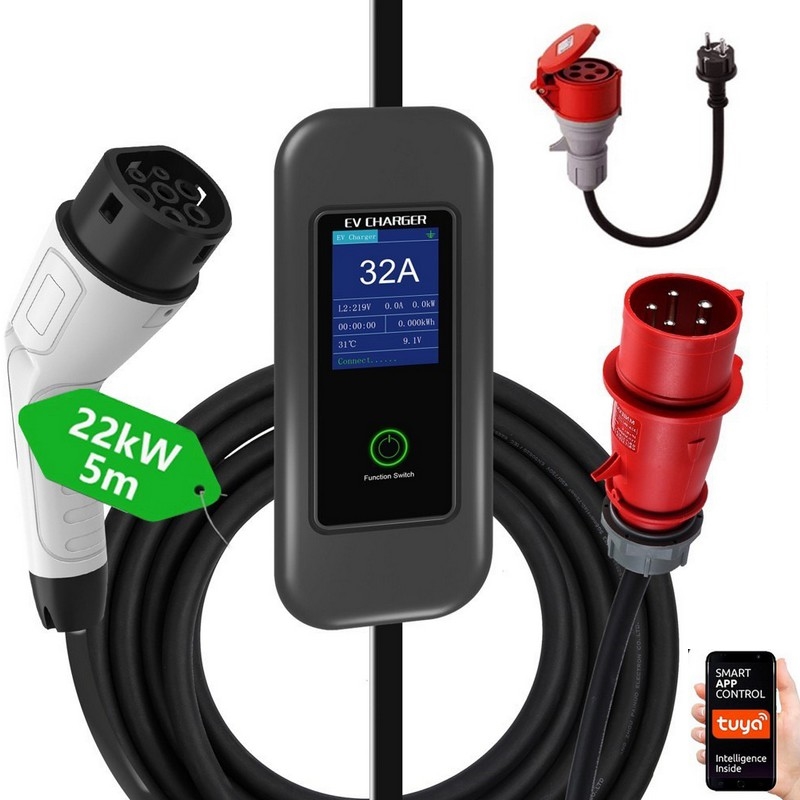 Immax - EV ceļojumu uzlādes stacija elektromobiļiem AC Type 2 32A/380V 22kW + spraudnis 230V 5m Wi-Fi Tuya
