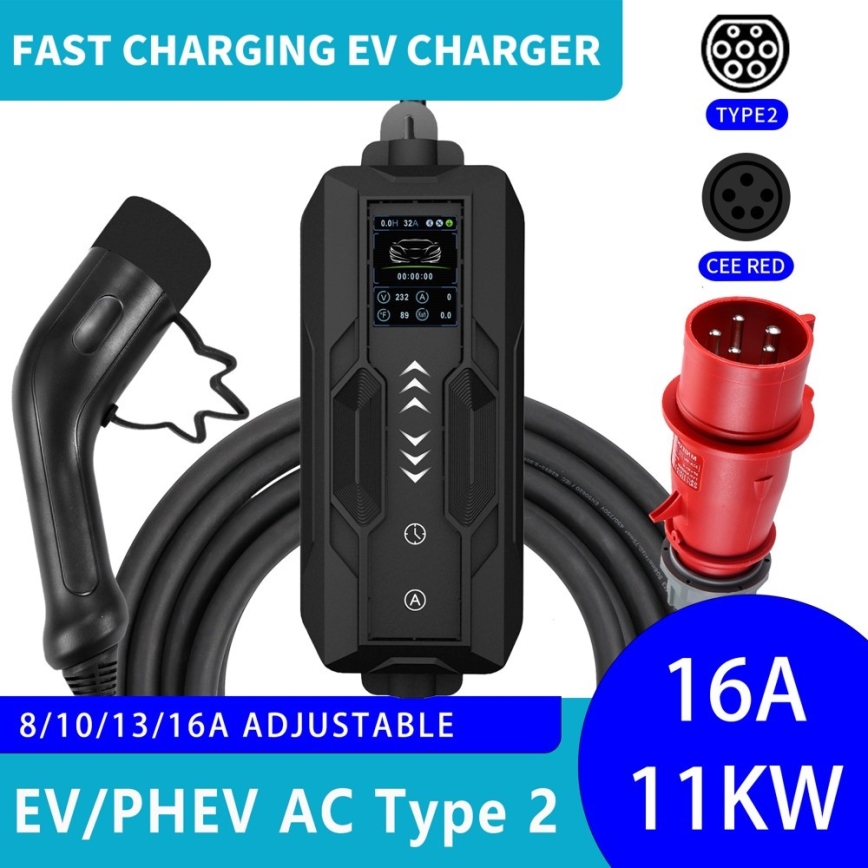 Immax - EV ceļojumu uzlādes stacija elektromobiļiem AC Type 2 16A/380V 11kW + spraudnis 230V, 3,7kW 5m + apvalks