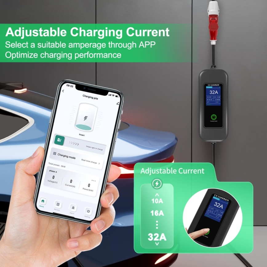 Immax - EV ceļojumu uzlādes stacija elektromobiļiem AC Type 2 32A/380V 22kW + spraudnis 230V 5m Wi-Fi Tuya