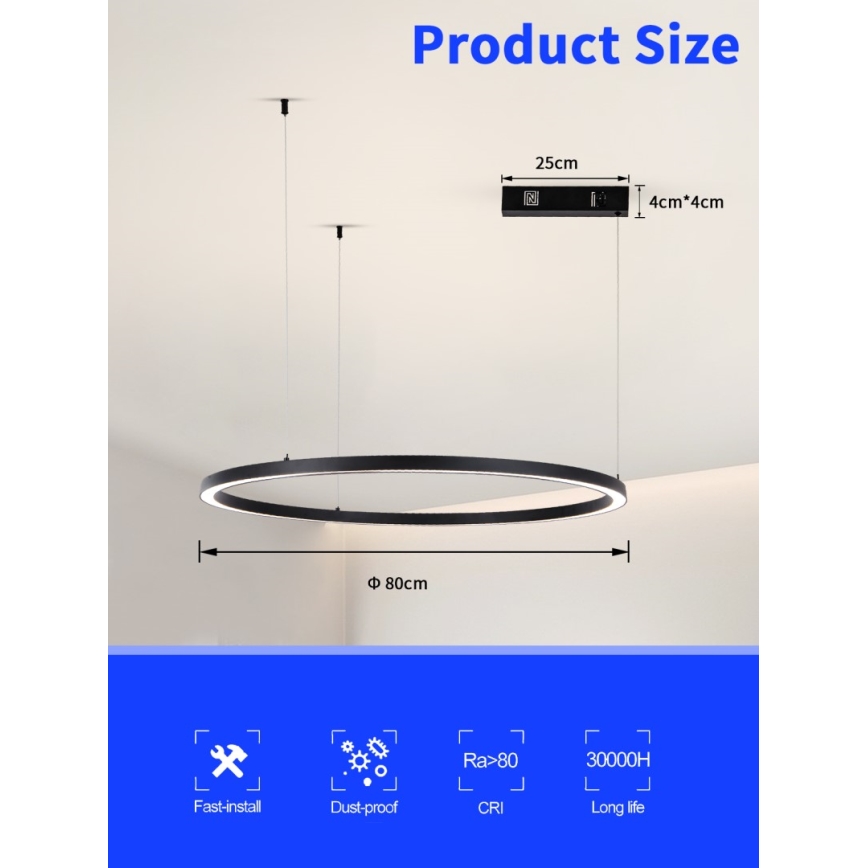 Immax NEO 07215L - LED Aptumšojama lustra ar auklu FINO LED/60W/230V 80 cm melna Tuya + tālvadības pults