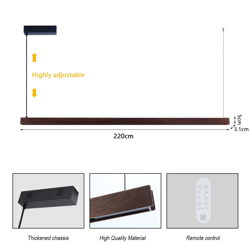Immax NEO 07302L - LED regulējama lustra uz kabeļa MADEIRA LED/44W/230V Wi‑Fi Tuya 202 cm valrieksts + ar tālvadības pulti