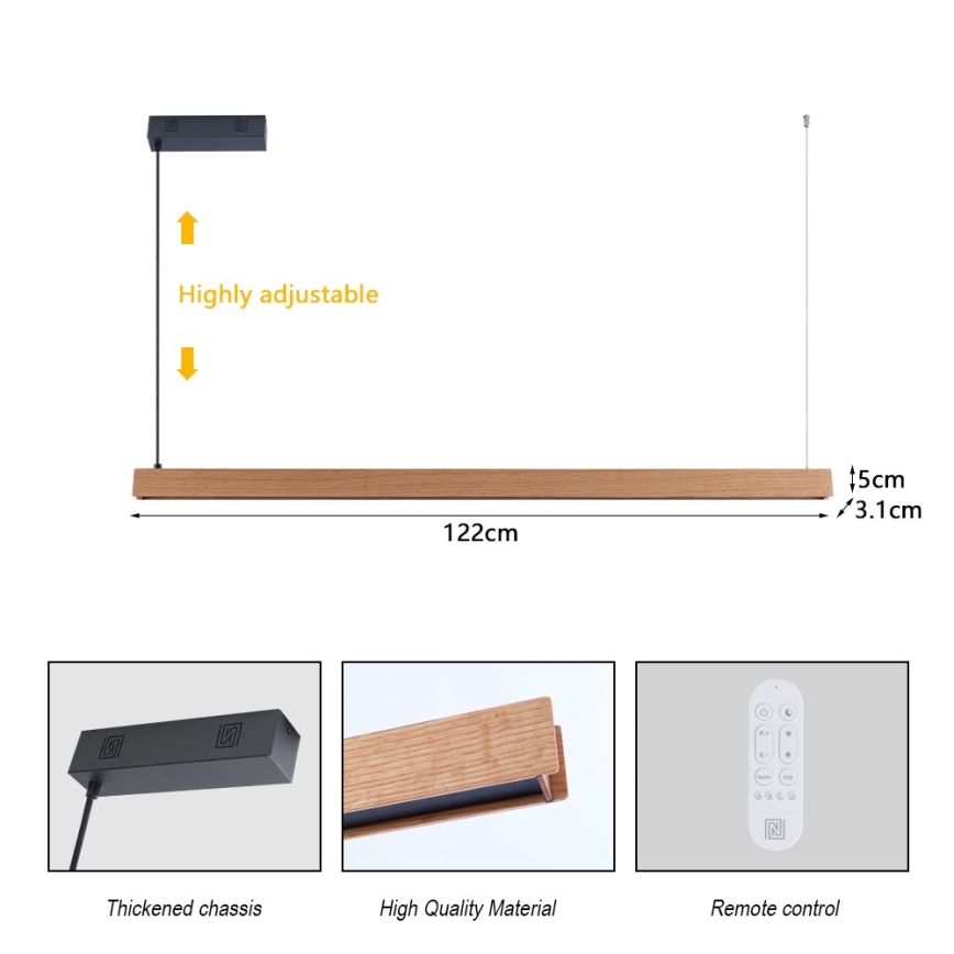 Immax NEO 07303L - LED dimmējama pakaramā lampa uz kabeļa MADEIRA LED/26W/230V Wi-Fi Tuya 122 cm ozols + ar tālvadības pulti