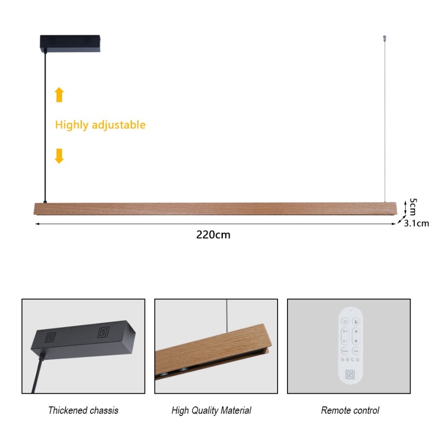 Immax NEO 07305L - LED dimējama lustra uz troses MADEIRA LED/44W/230V Wi-Fi Tuya 202 cm ozols + tālvadība