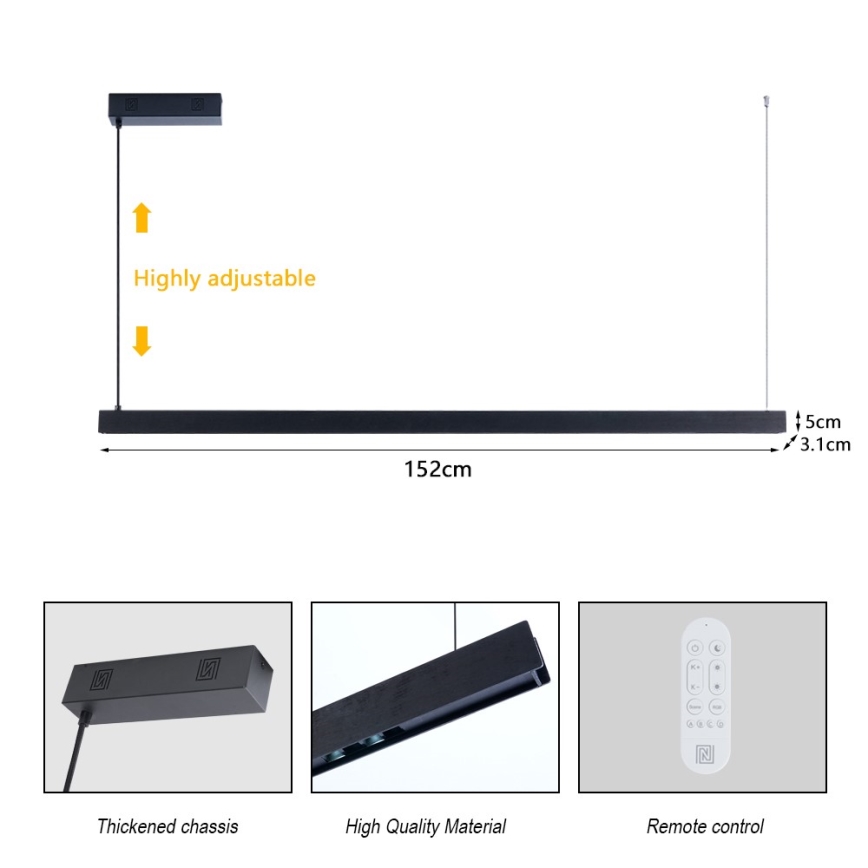 Immax NEO 07307L - regulējama LED piekaramā lampa uz troses MADEIRA LED/33W/230V Wi‑Fi Tuya 152 cm melna + tālvadības pults