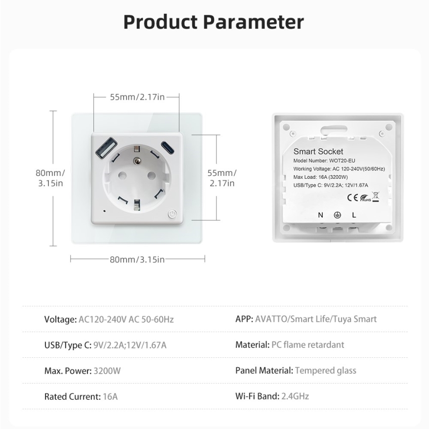 Immax NEO 07544L - Viedā kontaktligzda E tipa 16A/230V ar 1x USB-A un 1x USB-C (PD 20W), ar Tuya Wi‑Fi atbalstu