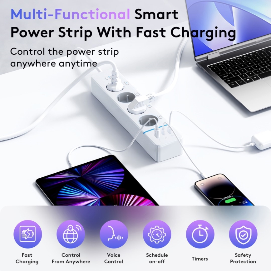 Immax NEO 07821L - Viedais strāvas pagarinātājs NEO LITE 4x AC + 1x USB + 2x USB-C Tuya Wi-Fi