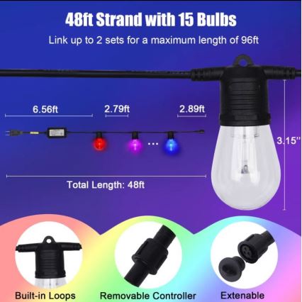 LED RGB+CCT Aptumšojama āra virtene GARLAND 15xLED/1W/230V 15m Wi-Fi Tuya IP65 + tālvadības pults