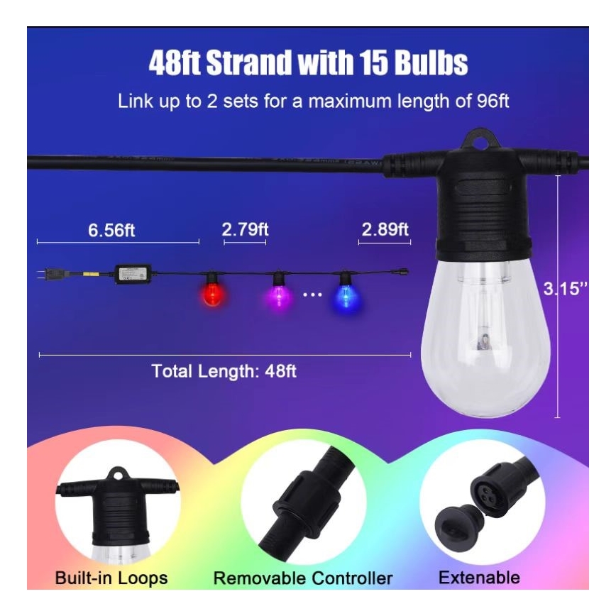 LED RGB+CCT Aptumšojama āra virtene GARLAND 15xLED/1W/230V 15m Wi-Fi Tuya IP65 + tālvadības pults