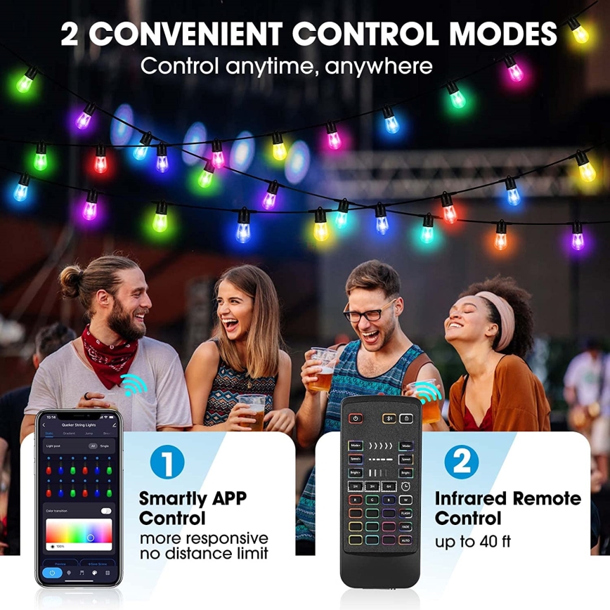 LED RGB+CCT Aptumšojama āra virtene GARLAND 15xLED/1W/230V 15m Wi-Fi Tuya IP65 + tālvadības pults