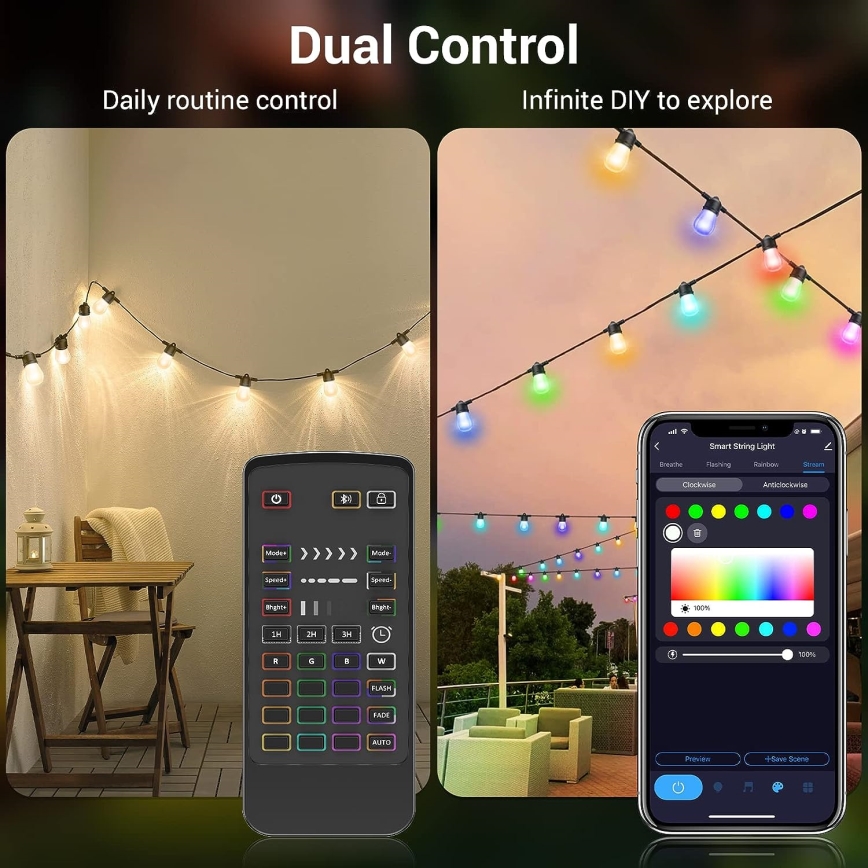 LED RGB+CCT Aptumšojama āra virtene GARLAND 15xLED/1W/230V 15m Wi-Fi Tuya IP65 + tālvadības pults