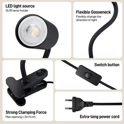 Immax NEO 08293L - Elastīga lampa ar skavu PUNTO 1xGU10/9W/230V melna