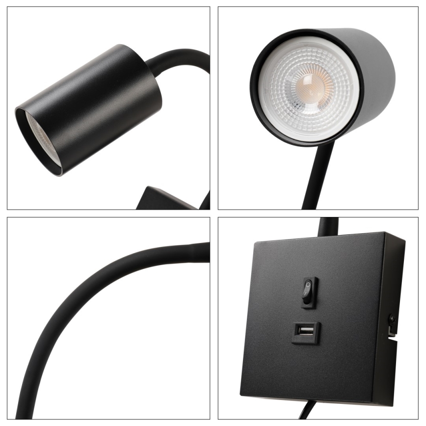 Immax NEO 08295L - Sienas lampa ar USB PUNTO 1xGU10/9W/230V melna