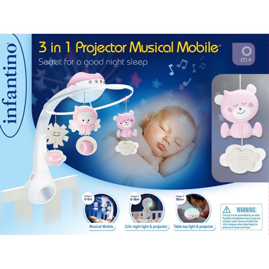 Infantino - Karuselis virs gultiņas ar melodiju 3in1 3xAAA rozā