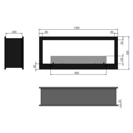 InFire - Iebūvējams BIO kamīns 120x50 cm 3kW divpusējs