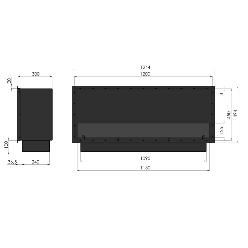 InFire - Iebūvējams BIO kamīns 49,4x124,4 cm 6kW melna