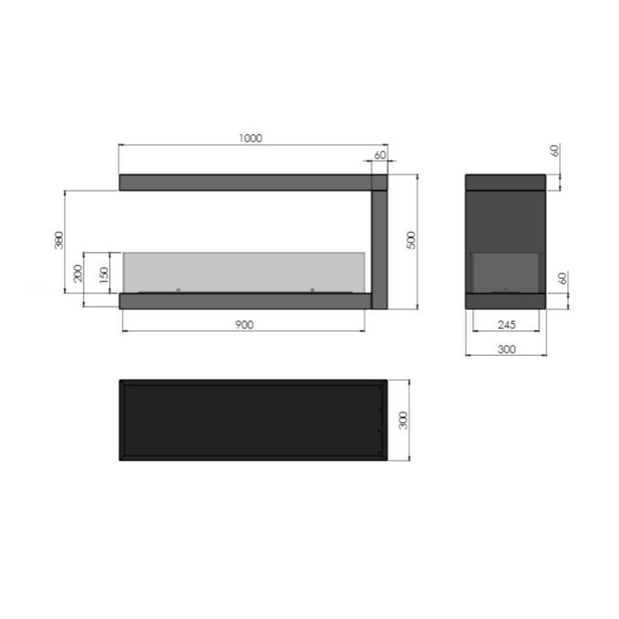 InFire - Stūra BIO kamīns 100x50 cm 3kW divpusējs