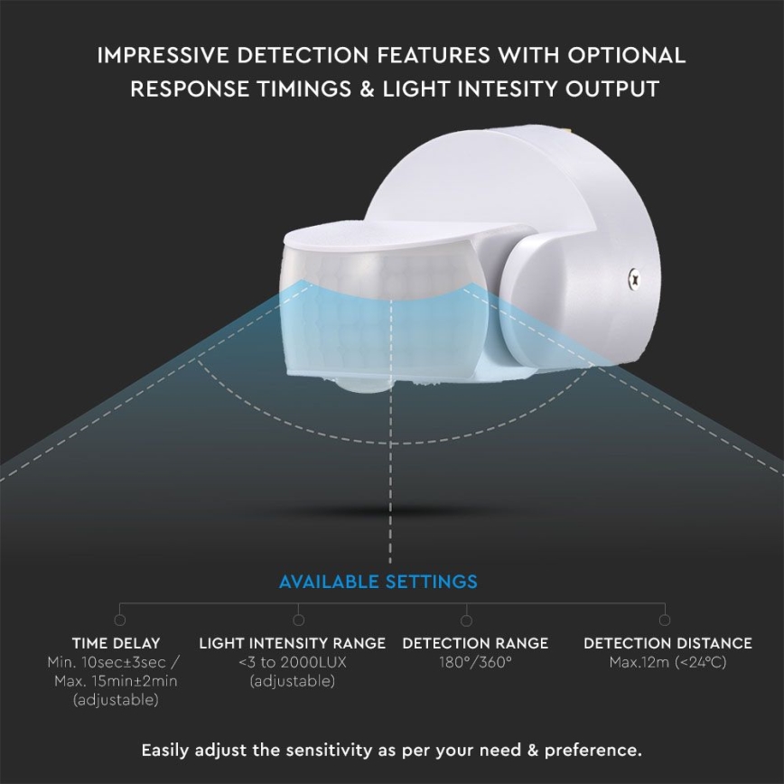 Infrasarkanais āra kustību sensors 180/360° 600W/230V IP65 balta