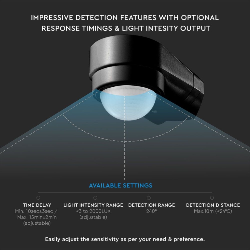Infrasarkanais āra kustību sensors 240° 600W/230V IP65 melna